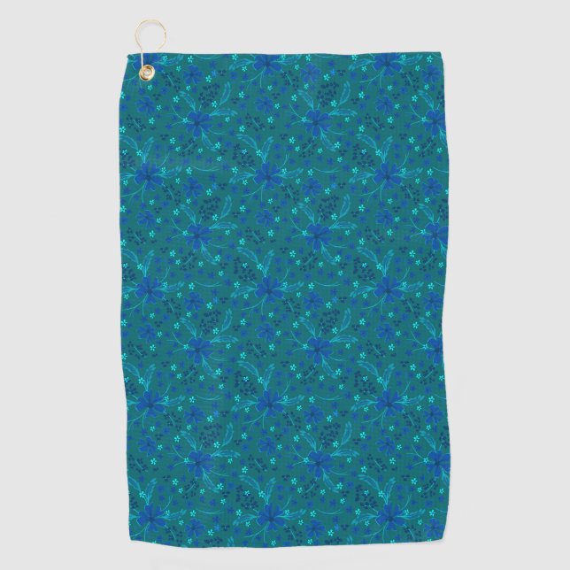 Monochromatic dark turquoise blue retro floral  golf towel (Front)