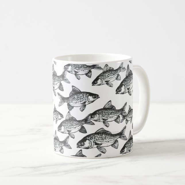 Monochromatic Fish Pattern Coffee Mug (Front Right)