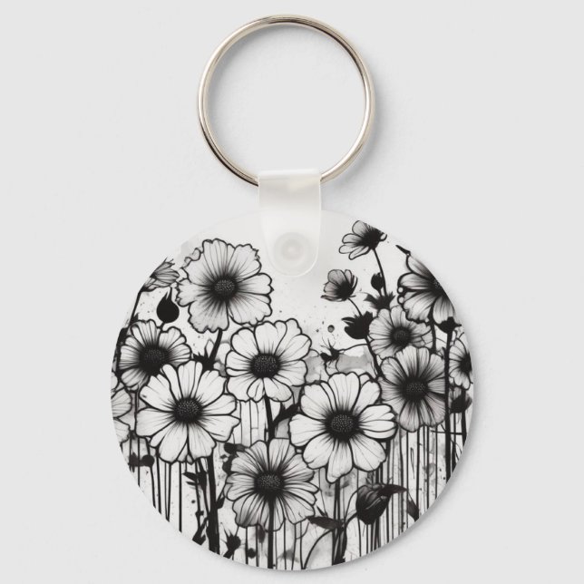 Monochromatic Floral Ink Splatter Keychain (Front)