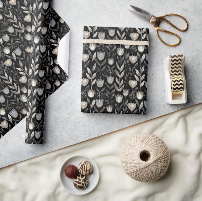 Monochromatic Floral Pattern on Black Background Wrapping Paper (Crafts)