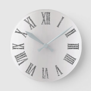 Monochromatic Glitter Grey Silver Roman Numbers Round Clock