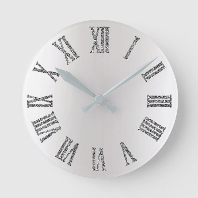 Monochromatic Glitter Grey Silver Roman Numbers Round Clock (Front)