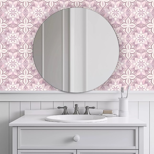 Monochromatic Pink Geometric Wallpaper (Monochromatic Pink Geometric Wallpaper in a white bathroom.)