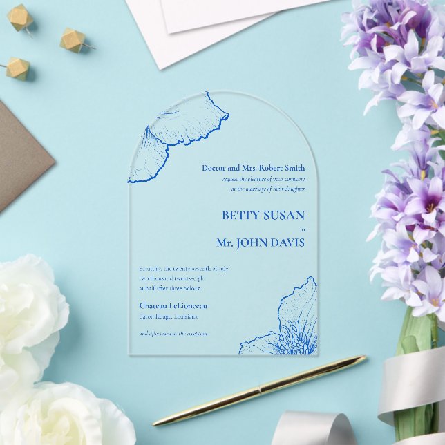 Monochromatic Sapphire Clematis Minimalist Wedding Acrylic Invitations (Insitu (Wedding))