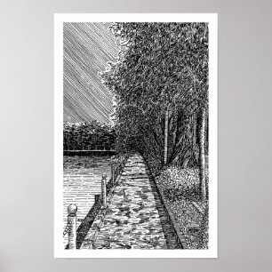 Monochromatic Scenic Lake Promenade Line Art Print