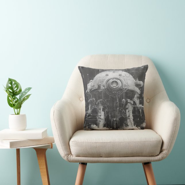 Monochromatic Sci-Fi Blueprint Throw Pillow (Chair)