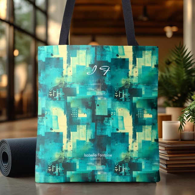 Monochromatic Teal Personalized Tote Bag Initials (Creator Uploaded)