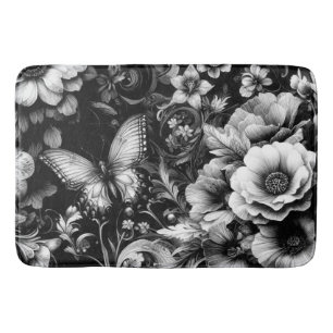  Monochrome Antique Floral with Butterflies  Bath Mat