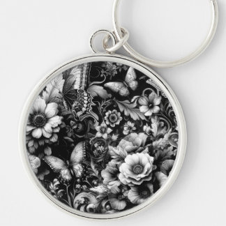 Monochrome Antique Floral with Butterflies Keychain