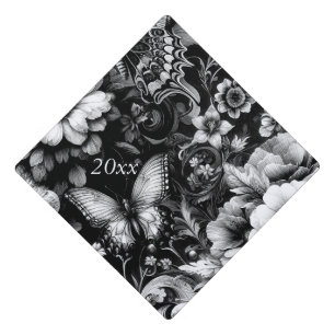  Monochrome Antique Floral with Butterflies Year Graduation Cap Topper