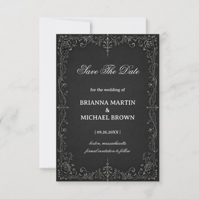 Monochrome Baroque Rose Save The Date (Front)