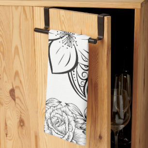 Monochrome Beautiful Flower, Graphic Artwork Kitchen Towel