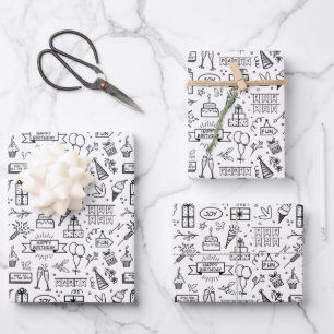 Monochrome Birthday Pattern Wrapping Paper Sheet