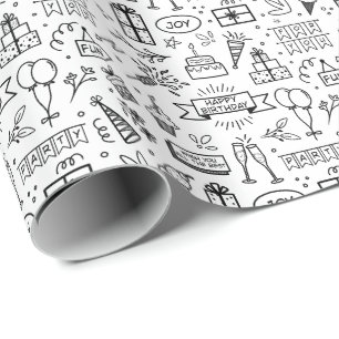 Monochrome Birthday Pattern Wrapping Paper Sheets
