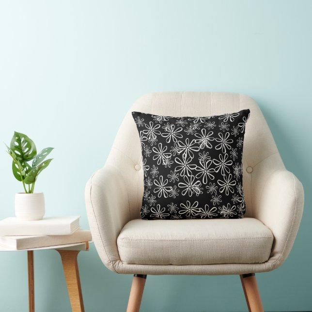 Monochrome Black and White Daisies Pattern Throw Pillow (Chair)