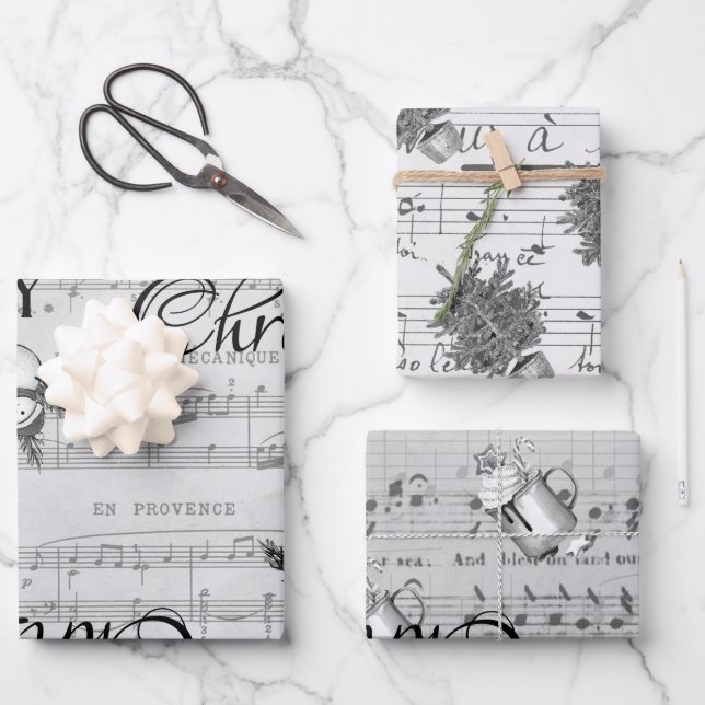 Monochrome Black Merry Christmas Happy Holidays Wrapping Paper Sheet (Front)