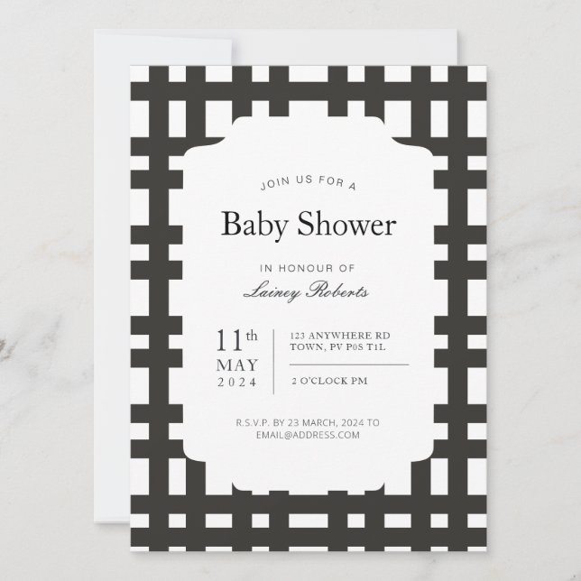 Monochrome Black White Bold Plaid Geometric Invitation (Front)