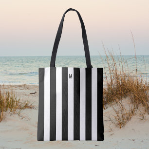 Monochrome Black & White Cabana Stripe Monogram Tote Bag
