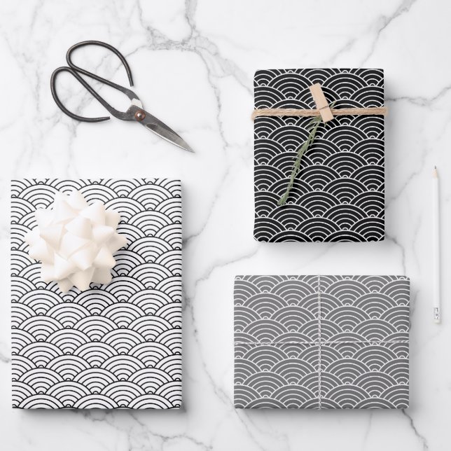 Monochrome Black White Grey Japanese Wave Wrapping Paper Sheet (Front)