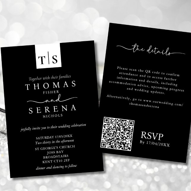 Monochrome Black White QR Code Budget Wedding Invitation (Creator Uploaded)