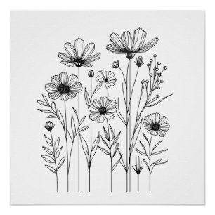 Monochrome Bloom  Botanical Line Art Simplicity  Poster