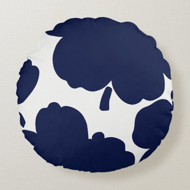 Monochrome Bloom Navy Round Pillow (Front)