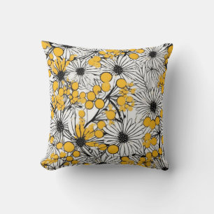 Monochrome Blooms: Mimosa and Daisy Fusion Throw Pillow