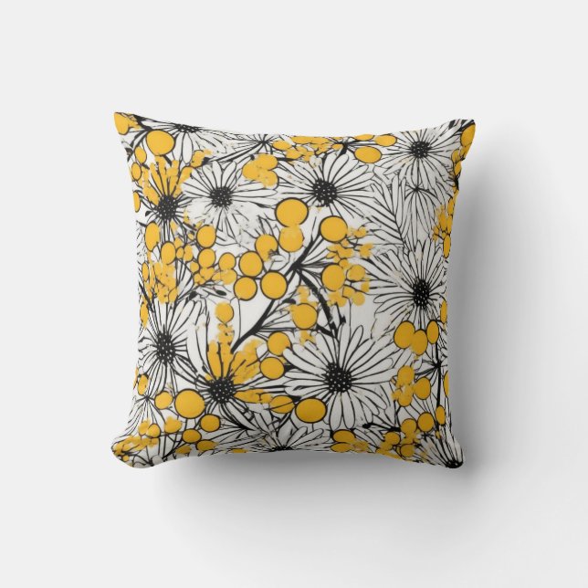 Monochrome Blooms: Mimosa and Daisy Fusion Throw Pillow (Front)