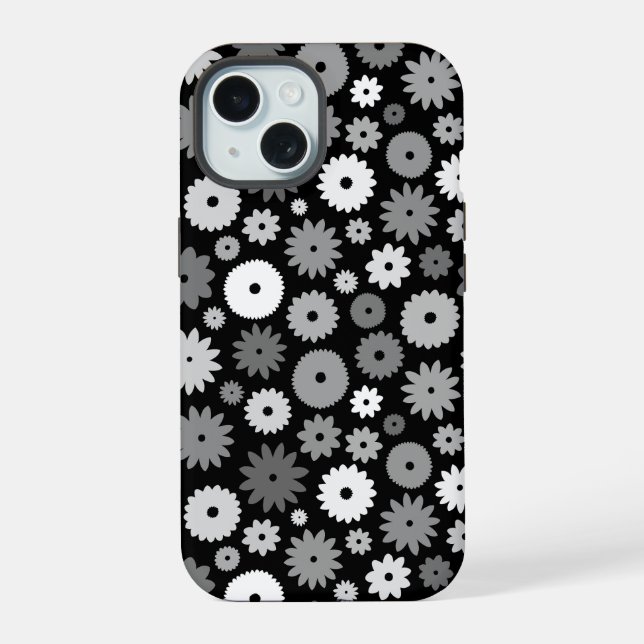 Monochrome Blooms Repeat Pattern iPhone 15 Case (Back)