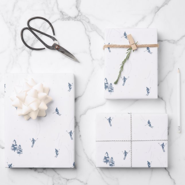 Monochrome Blue Alpine Skiers Skiing  Wrapping Paper Sheet (Front)