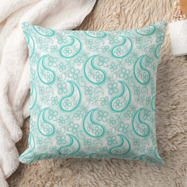 Monochrome blue turquoise paisley pattern throw pillow (Blanket)