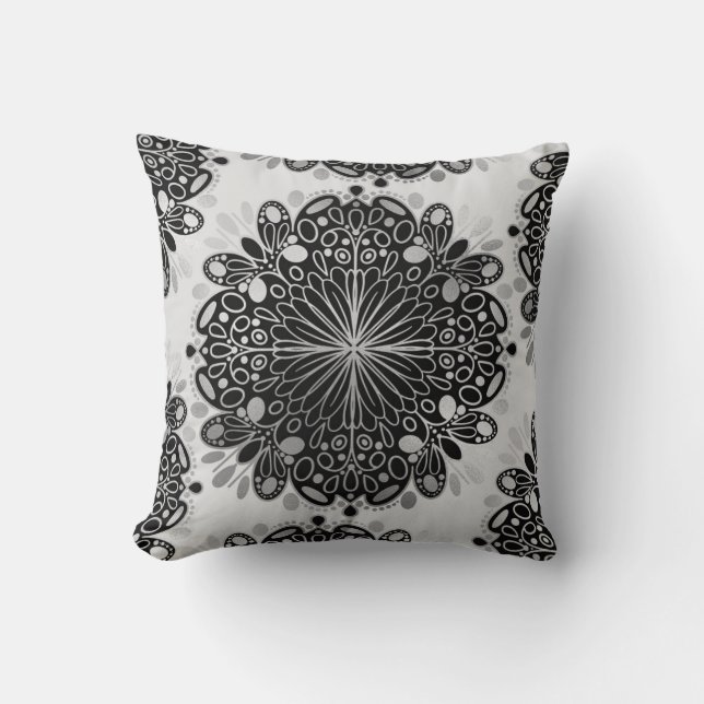 Monochrome Boho Silver Black Grey Mandalas Throw Pillow (Front)