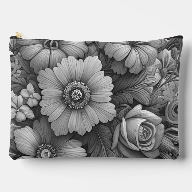 Monochrome Bouquet of Flowers Accessory Pouch (Front)