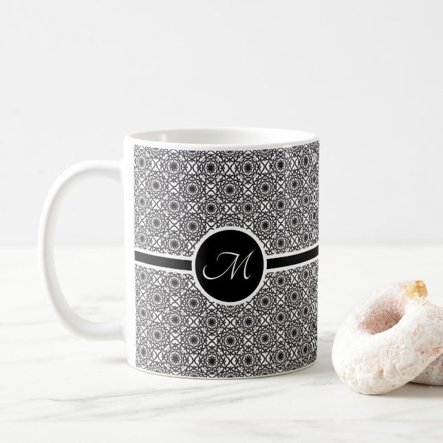 Monochrome Celtic Knot Pattern Monogram Coffee Mug (With Donut)