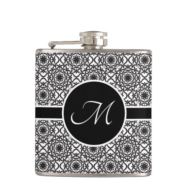 Monochrome Celtic Knot Pattern Monogram Hip Flask (Front)