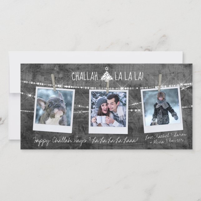 Monochrome Challah La La La 3-Photo Holiday Card (Front)