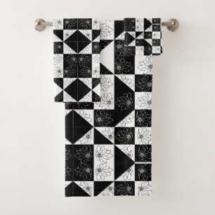 Monochrome Chequerboard and floral Glamour Pattern Bath Towel Set