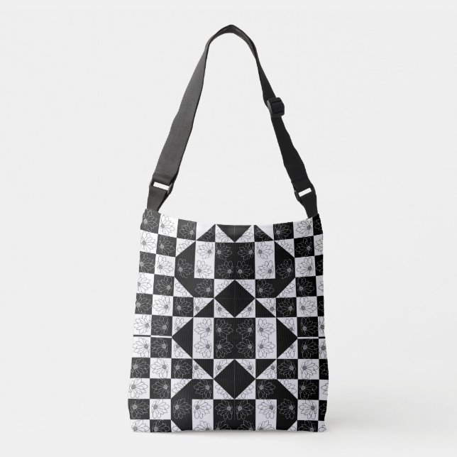 Monochrome Chequerboard and floral Glamour Pattern Crossbody Bag (Front)