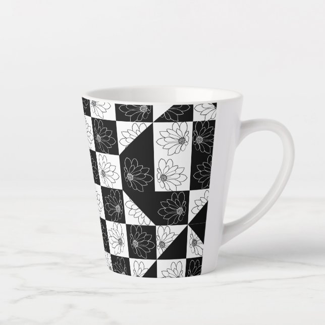 Monochrome Chequerboard and floral Glamour Pattern Latte Mug (Right)