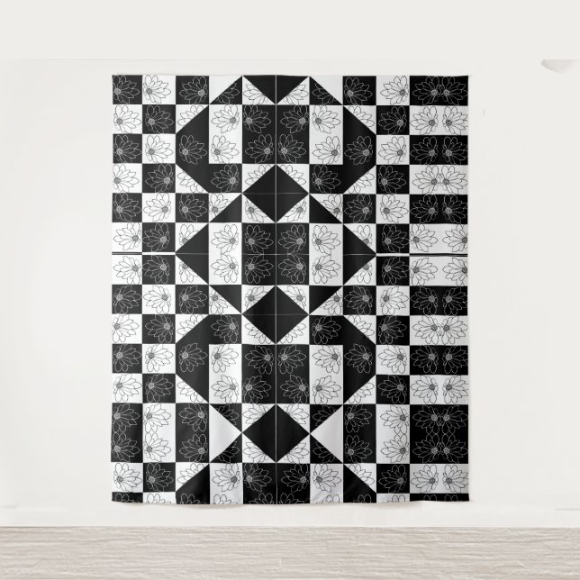 Monochrome Chequerboard and floral Glamour Pattern Tapestry (Front)