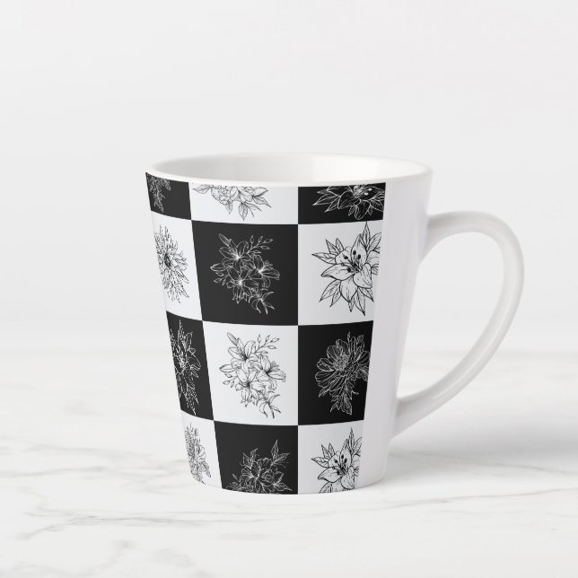 Monochrome Chequerboard FLowers Elegant pattern Latte Mug (Right)