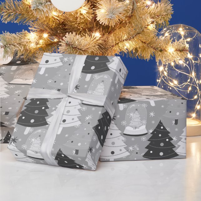 Monochrome Christmas Trees and Snow Globe Wrapping Paper (Holidays)
