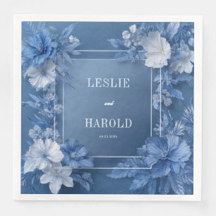 Monochrome Cobalt Blue White Floral Winter Wedding Napkin