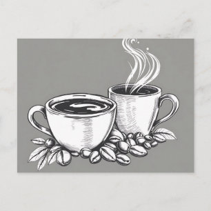 Monochrome Coffee Cups and Beans Postcard