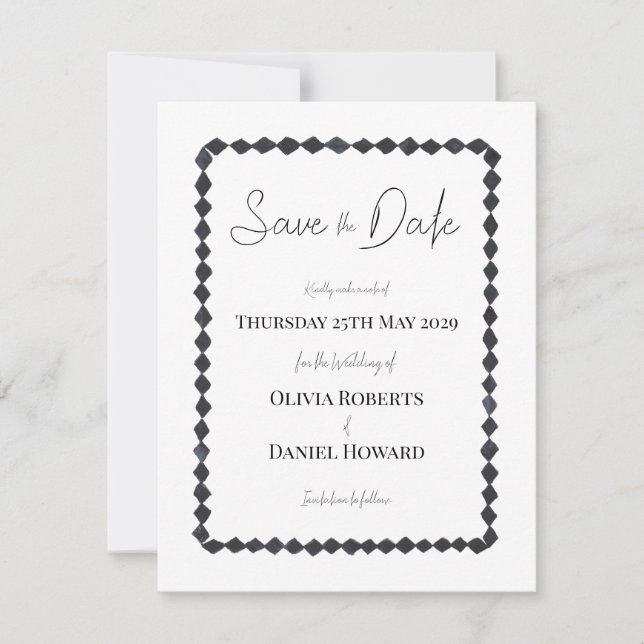 Monochrome Diamond Frame Save the Date Card (Front)