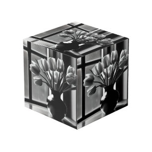 "Monochrome Elegance: Black White Tulip Still Life Cube