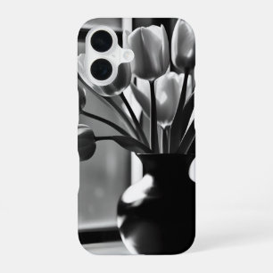 "Monochrome Elegance: Black White Tulip Still Life iPhone 16 Case