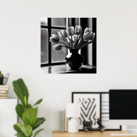 "Monochrome Elegance: Black White Tulip Still Life
