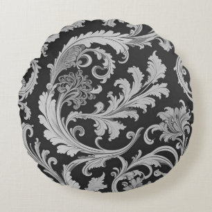 Monochrome Fleur Antique Pattern  Round Pillow