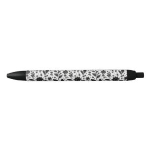 🖊️ Monochrome Floral Elegance Stylish Writing Black Ink Pen